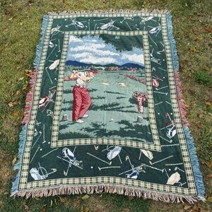 Vintage Goodwin Weavers Golf Woven Tapestry Throw Blanket Fringe 48x67 GUC